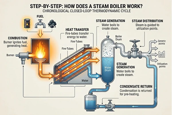 how steam boiler works diagram