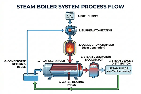 how steam boiler works process diagram