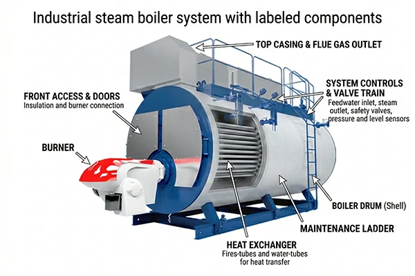 industrial steam boiler components including burner heat exchanger and boiler drum
