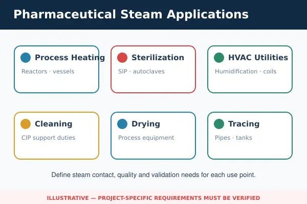 Pharmaceutical processing steam applications and points of use