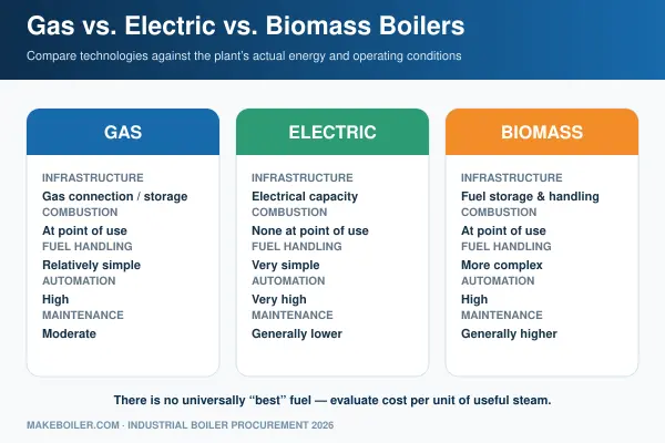 Gas vs electric vs biomass industrial boiler comparison in 2026