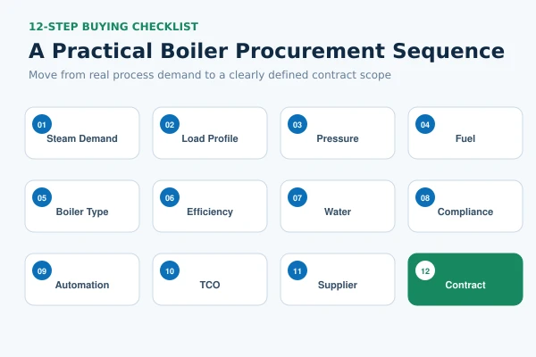 Steam Demand → Load Profile → Pressure → Fuel → Boiler Type → Efficiency → Water → Compliance → Automation → TCO → Supplier → Contract